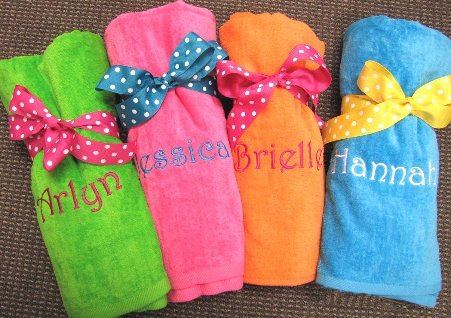 Monogrammed Beach Towels with Polka Dot Bow by RegalRhinestones