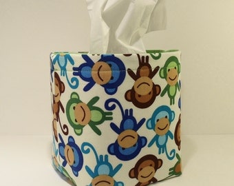 Tissue Holder-Fabric Basket Organizer Bin Storage Container-Urban Zoologie-Monkeys on White with LIme Green Interior