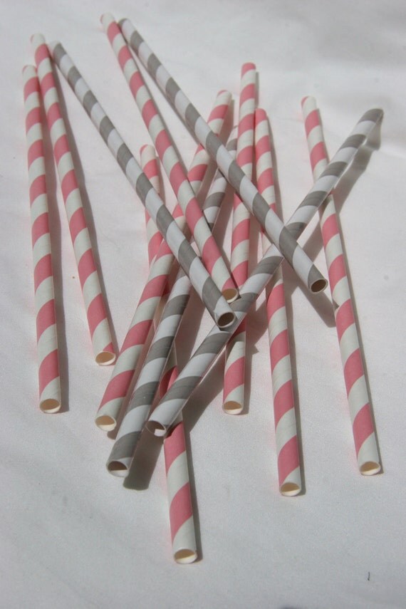Paper Straws in Light Pink and White Stripes and Grey and White Stripes, Pack of 50 Il_570xn