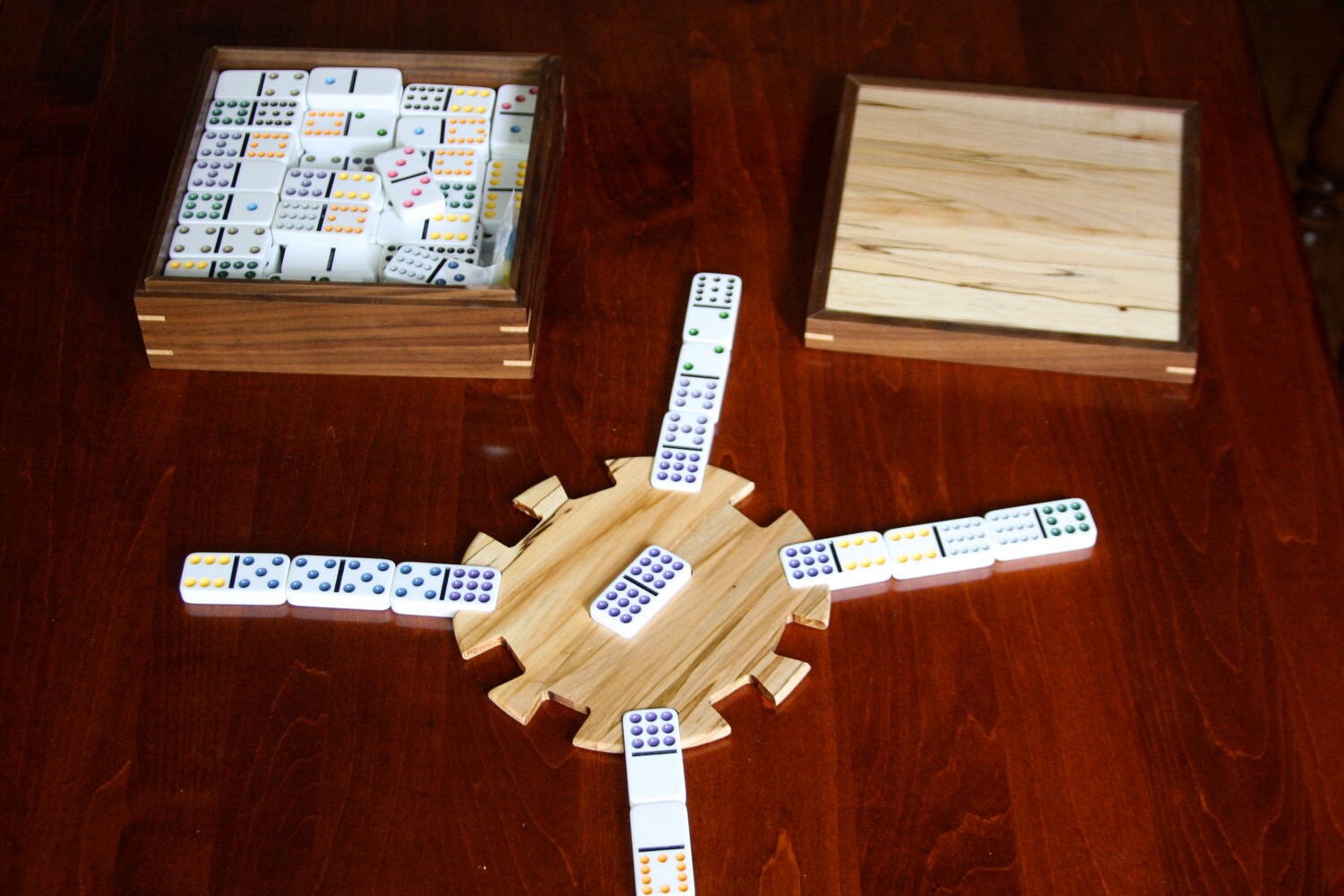 Mexican Train Domino Set in a Hand Made Walnut and Spalted