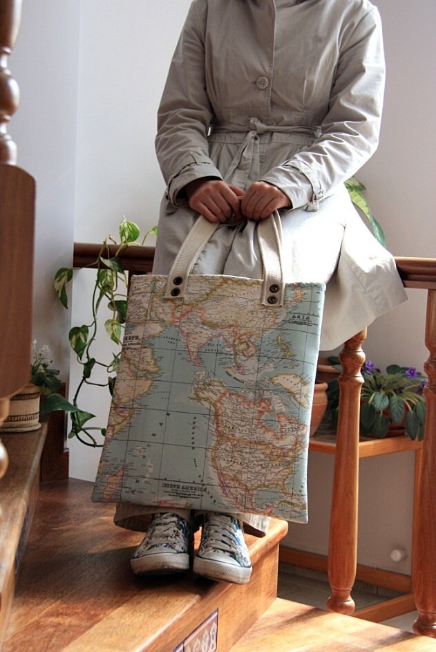 blue world map print large diaper bag/ large tote