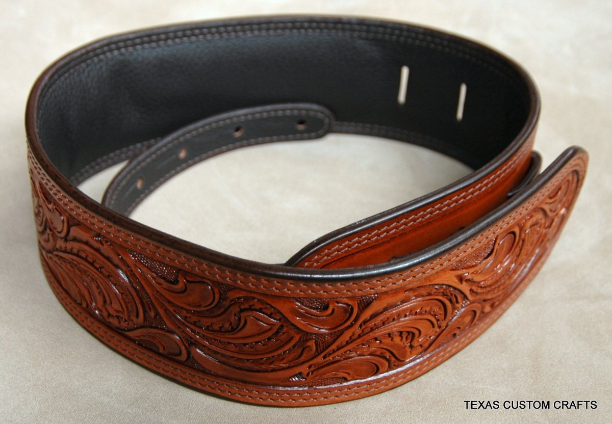 Leather Guitar Strap Hand Tooled With Padded Shoulder Area