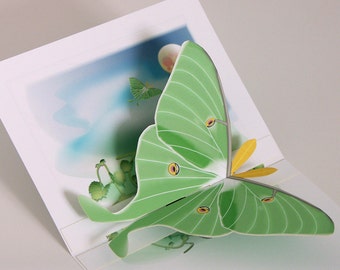 3D Luna Moth pop-up Card Any occasion with emerald green moth