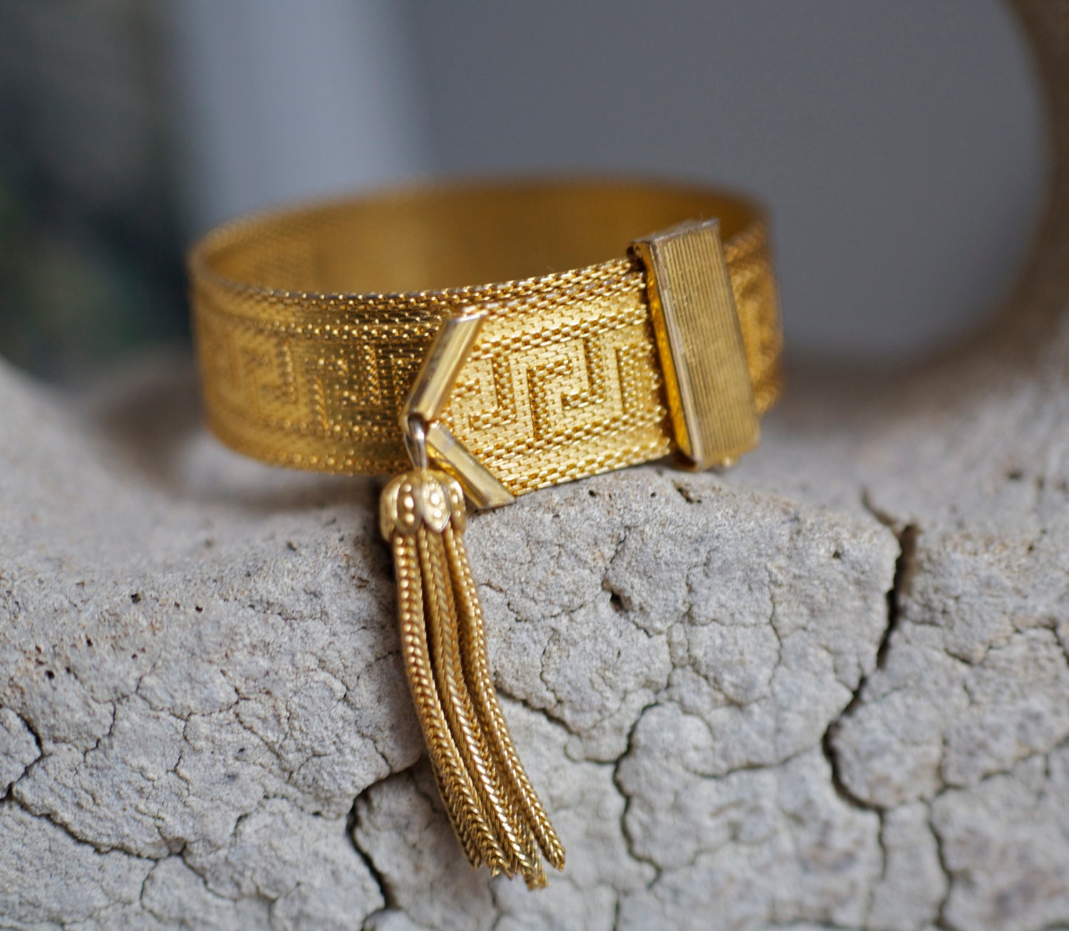 Vintage Mesh Greek Key Bracelet With Tassel Brilliant Gold   Il Fullxfull.314297654 