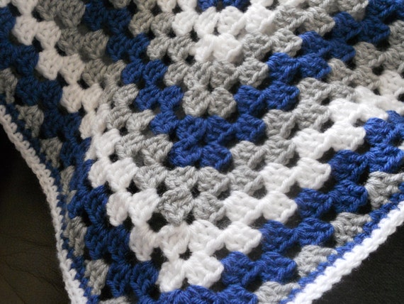 Granny Square Baby Crib Blanket Blue White Grey