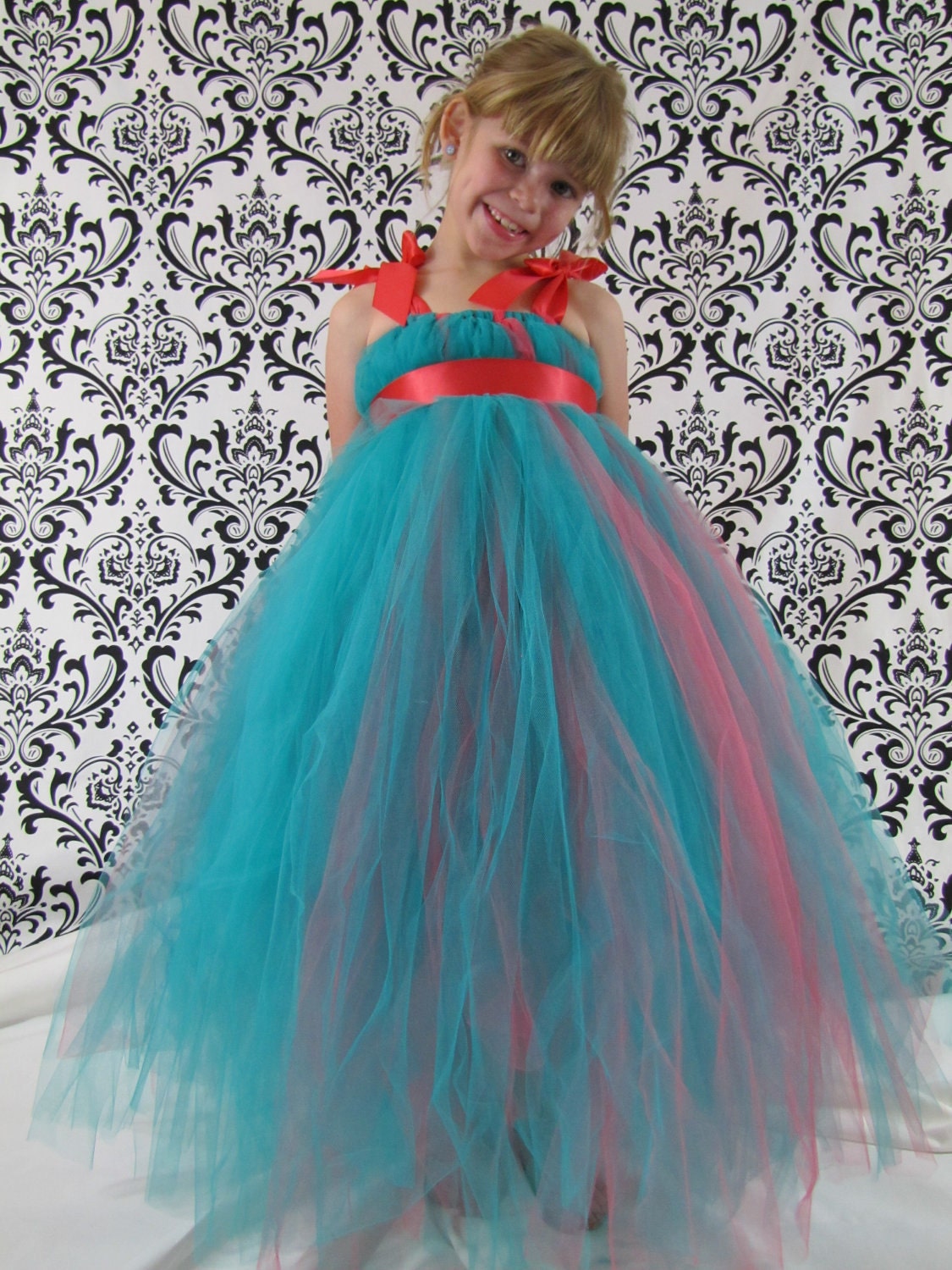 Wedding Tulle Dresses girls tutu tulle dress coral flower girl teal flower