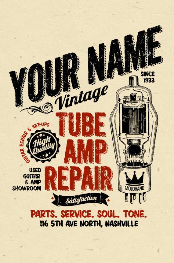 YOUR NAME on a Guitar Tube Amp repair shop poster Personalized