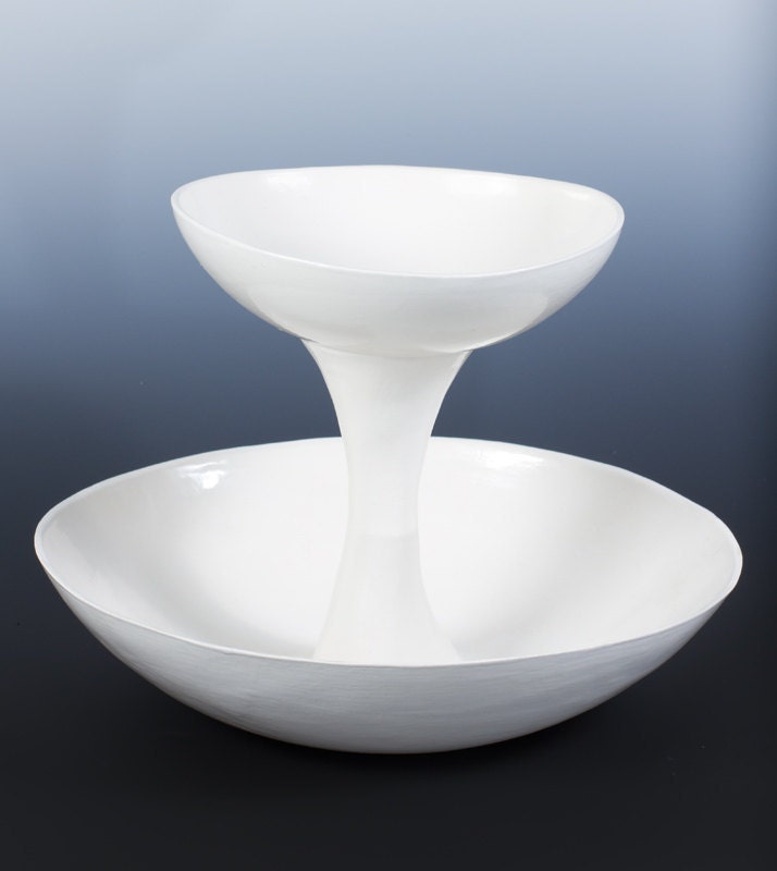 White 2 Tiered Ceramic Fruit Serving or Display Bowl Ceramic