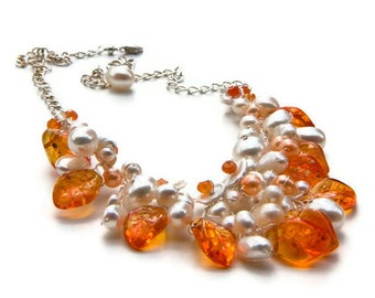Orange Beaded Necklace, Orange Bib Necklace, Orange Leaf Necklace, Bridal Jewelry, Nature Jewelry, N125