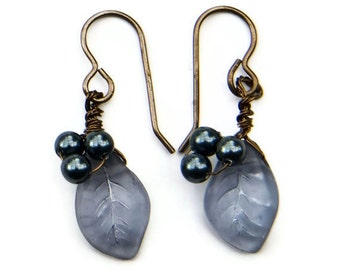 Blue Dangle Leaf Earrings , Nature Jewelry