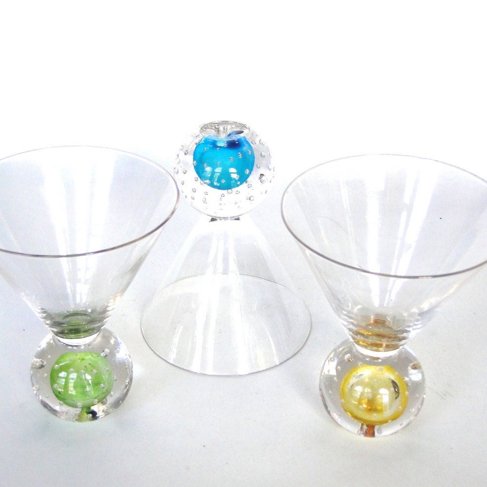 Vintage Glasses Ball Barware Peacock Colored Parfait Tumbler Handblown