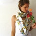 Up-cycled Flowers Circle Scarf - Flower Bouquet - Spring Fashion - White Infinity Scarf - Loop Scarf- Brown Bows