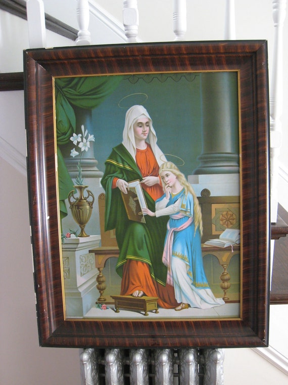 SALE Antique Victorian Religious Tin Lithograph Saint Anne and