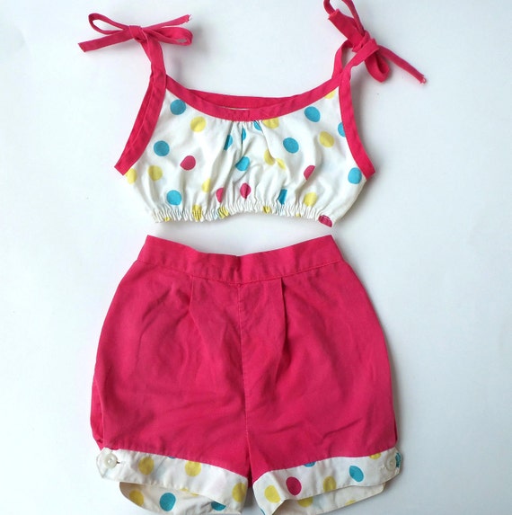 Vintage 1950s Girls Two Piece Summer Outfit Shorts and Midriff