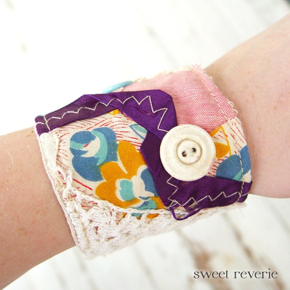 Vintage Fabric Wrist Cuff Textile Bracelet Salvaged Upcycled