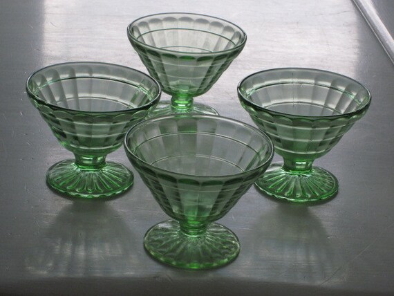 4 Vintage Green Depression Glass Block Optic Sherbet Dessert