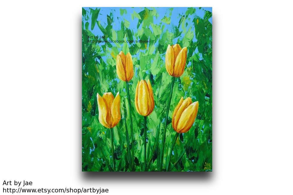 Yellow Flowers Realistic Acrylic Painting 20x16 Yellow Tulips