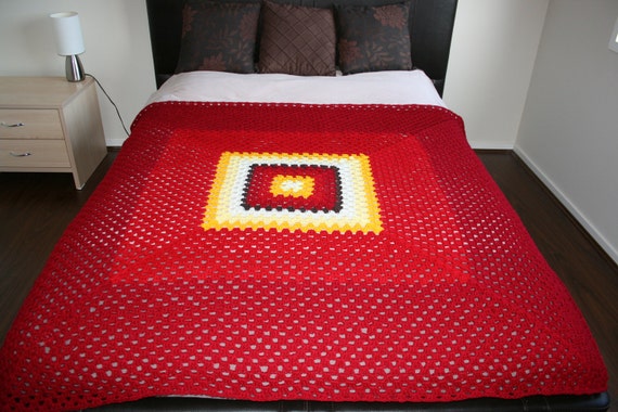 Modern Double Bed Size Crochet Blanket Afghan Red Orange And