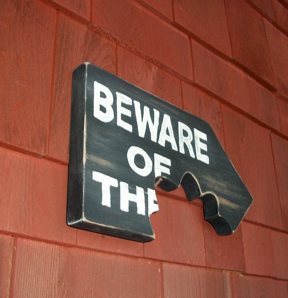 Items similar to Beware Dog Sign Plaque Distressed Wood Chomp Teeth Bitemark Pet Gift 