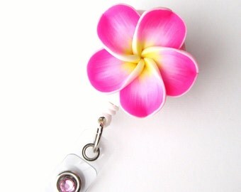 Hot Pink Plumeria - Retractable ID Badge Reels - Flower Badge Holder - Designer ID Reel - Nurse Gift - Pretty ID Badge Clips - BadgeBlooms