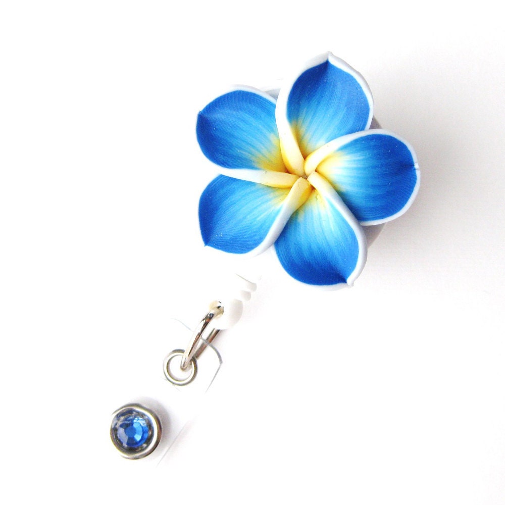 Ocean Blue Plumeria Retractable Badge Reel Flower Badge