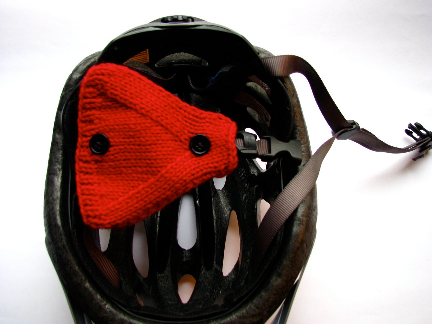 Red BikeBicycle Helmet Ear Warmers Hand Knit Wool With Black