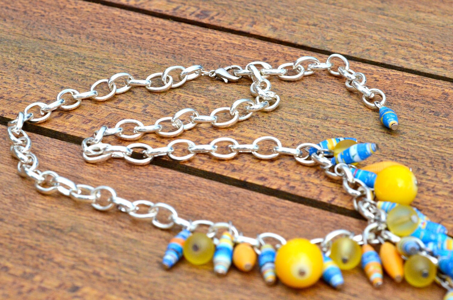 Paper Bead Jewelry Yellow and Blue Necklace