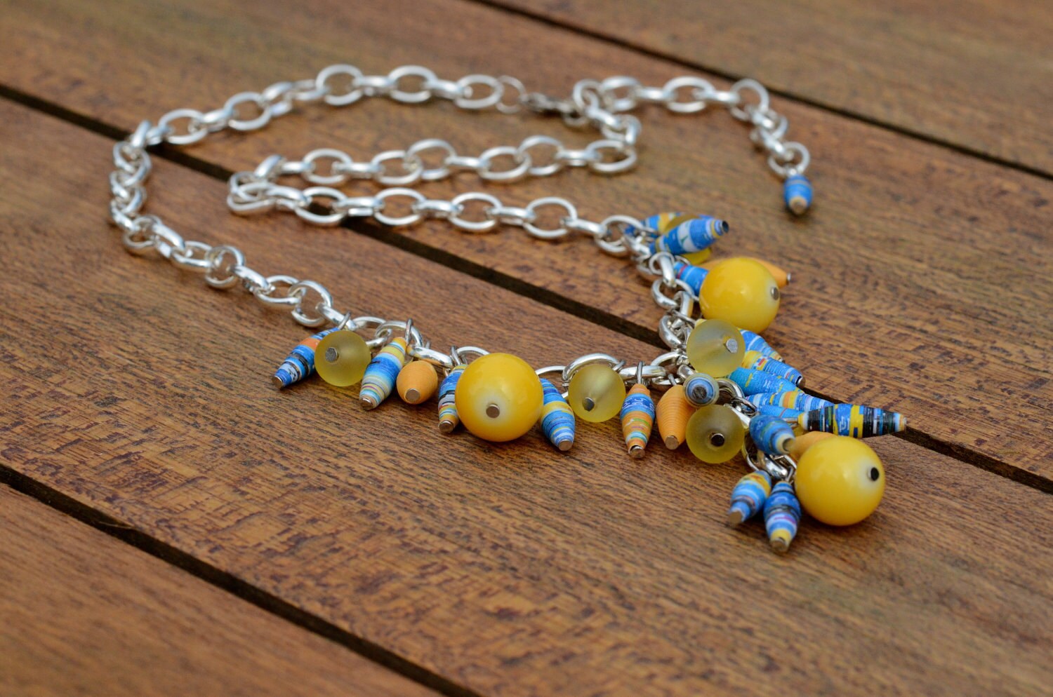 Paper Bead Jewelry Yellow and Blue Necklace