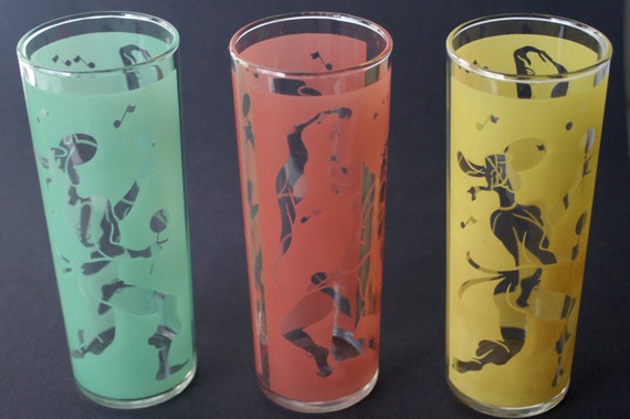 Items Similar To Vintage Drinking Glasses Latin Dancers Tumblers Yellow Green And Red On Etsy