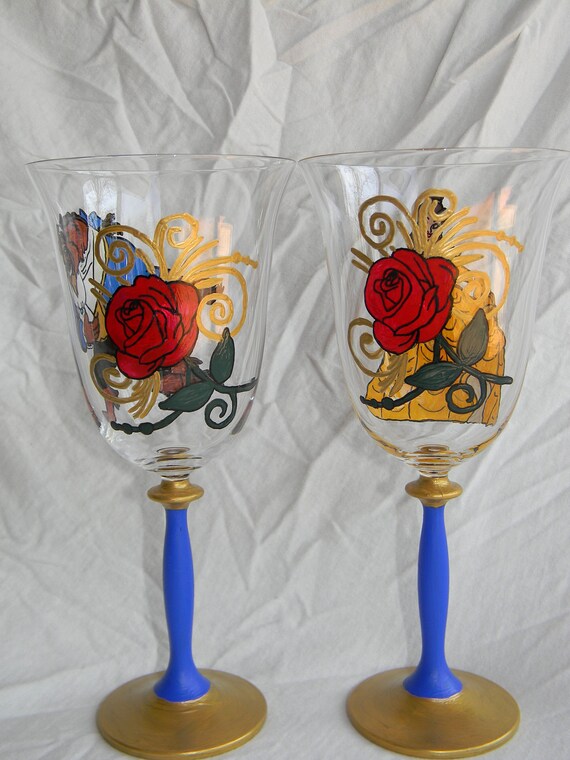 Beauty and the Beast Inspired Hand Painted Wine Glasses