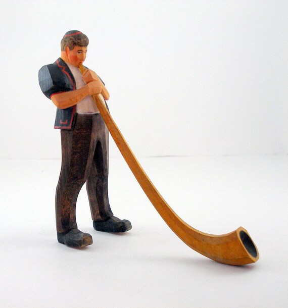 Vintage HANS HUGGLER Swiss Wood CARVING Man Blowing Alpine