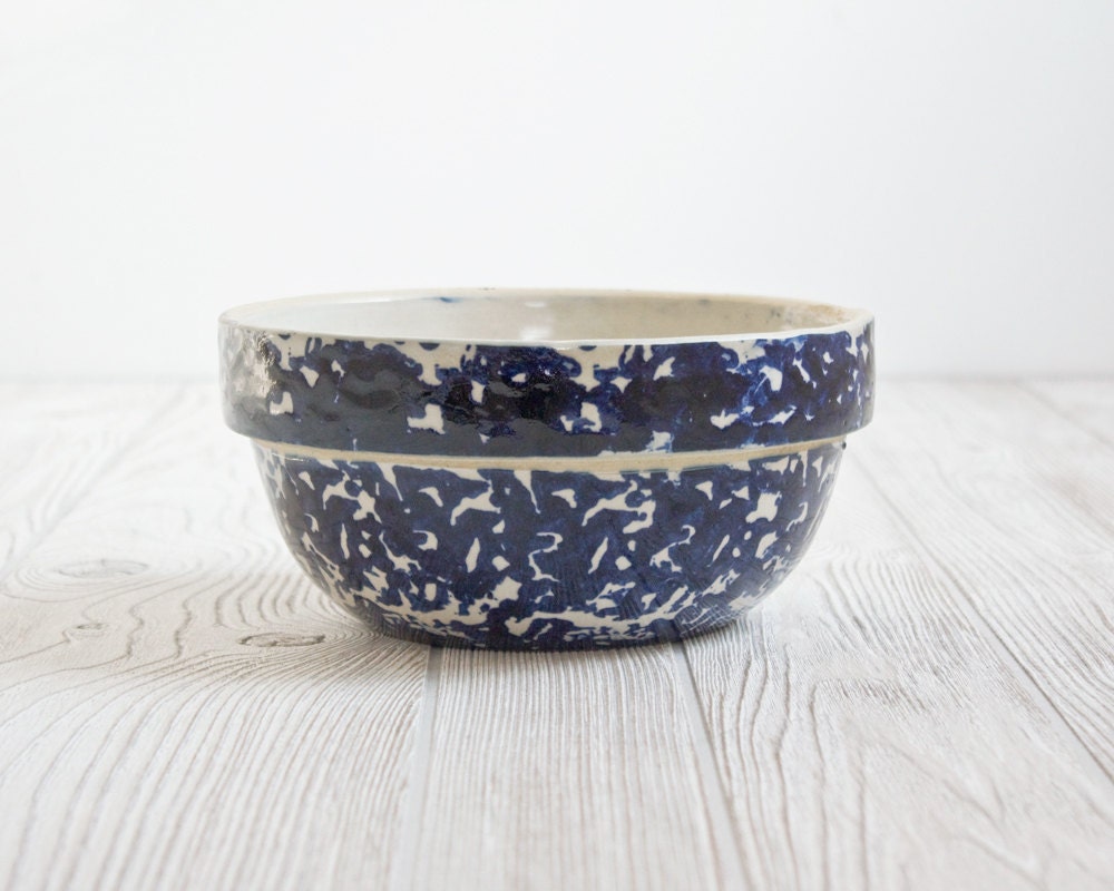 Vintage Mixing Bowl Blue Spongeware Kitchen Dish Rustic