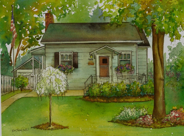 Watercolor House Sketch 8x 10 custom home by maryfrancessmith