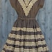 Rare Vintage Real 60s Square Dance Dress Rockabilly CoCoa Brown Fancy Shimmery with Lt. Gold Lace Trim ex. condition like new
