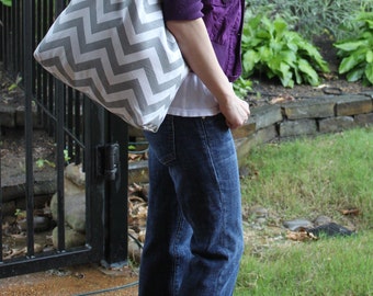 LARGE gray and white CHEVRON stripe zigzag Handbag/ Diaper Bag/ Purse/ Tote/ Beach Bag