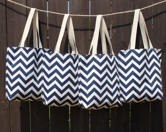 Set of 4 Large BRIDESMAIDS Gifts- navy blue and white CHEVRON stripe zigzag Handbag/ Diaper Bag/ Purse/ Tote/ Beach Bag