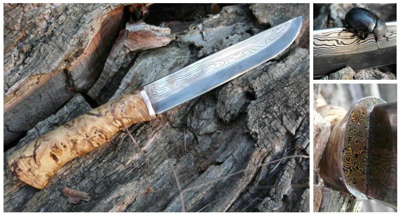 Damascus knife forged blade mokume gane guard