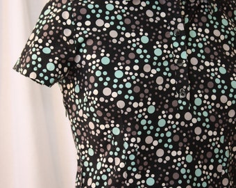 Mini Shirt Dress, white, grey and blue bubble print on black, vintage 1990s, S