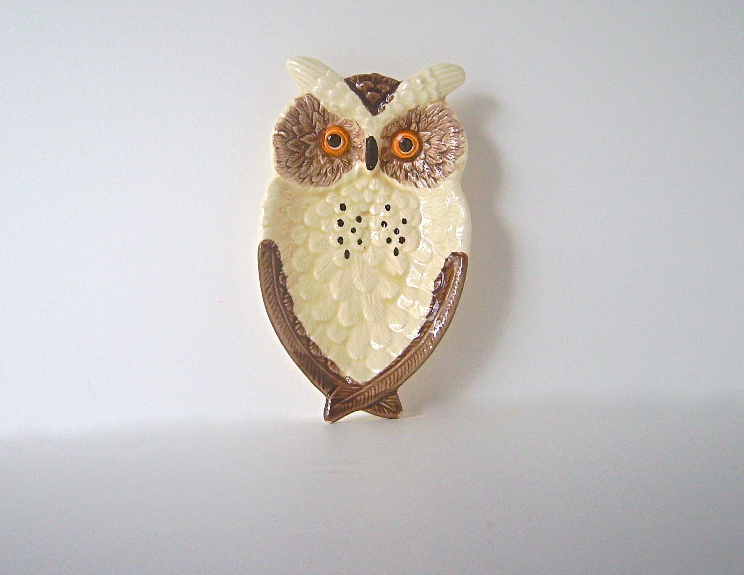 Vintage Enesco Porcelain Owl Spoon Rest Ivory Brown and