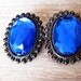 Blue Rhinestone Clip on Earrings- Vintage 1980s