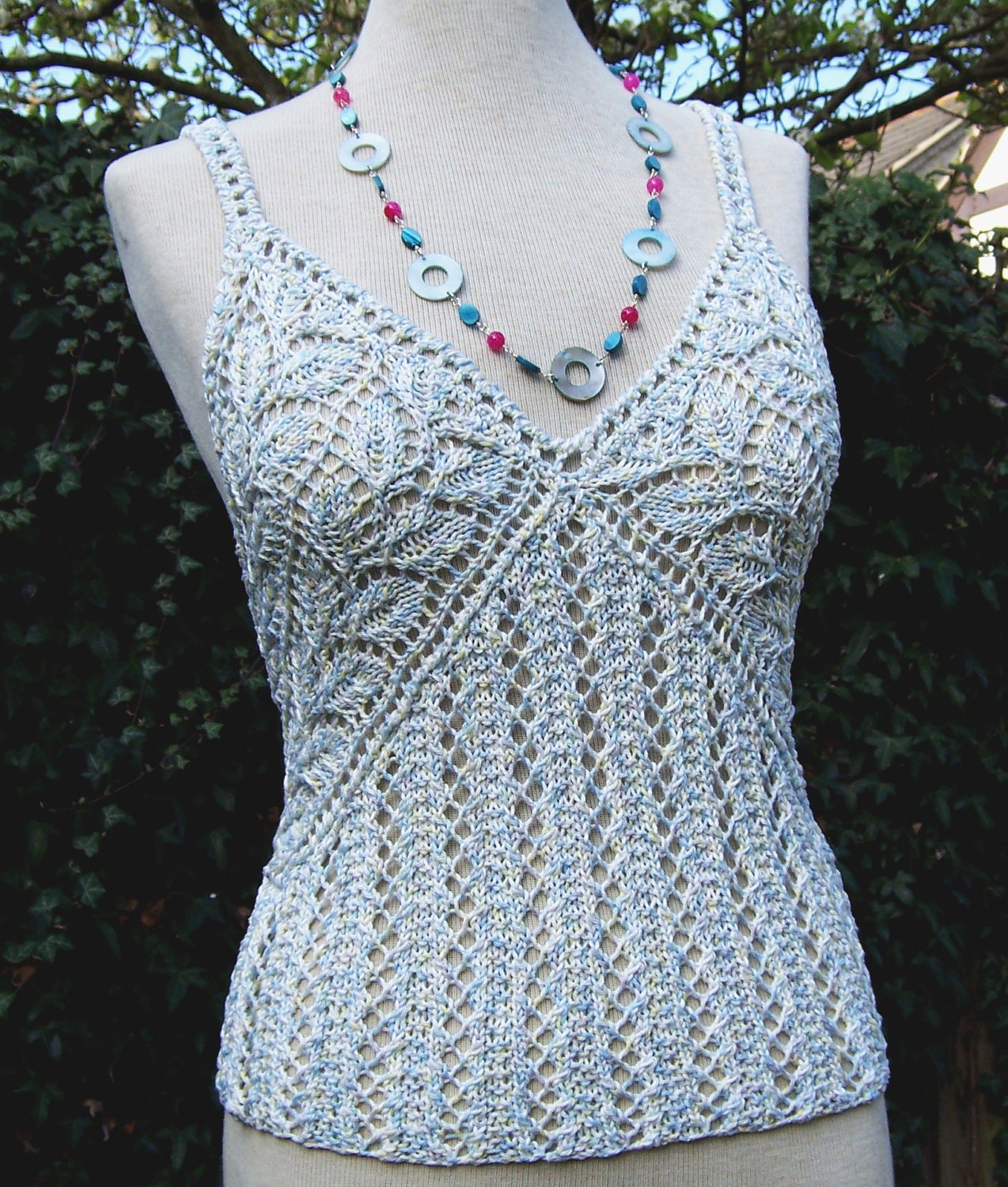 Handknitted Women Lace Top Summer Tank Blue White and
