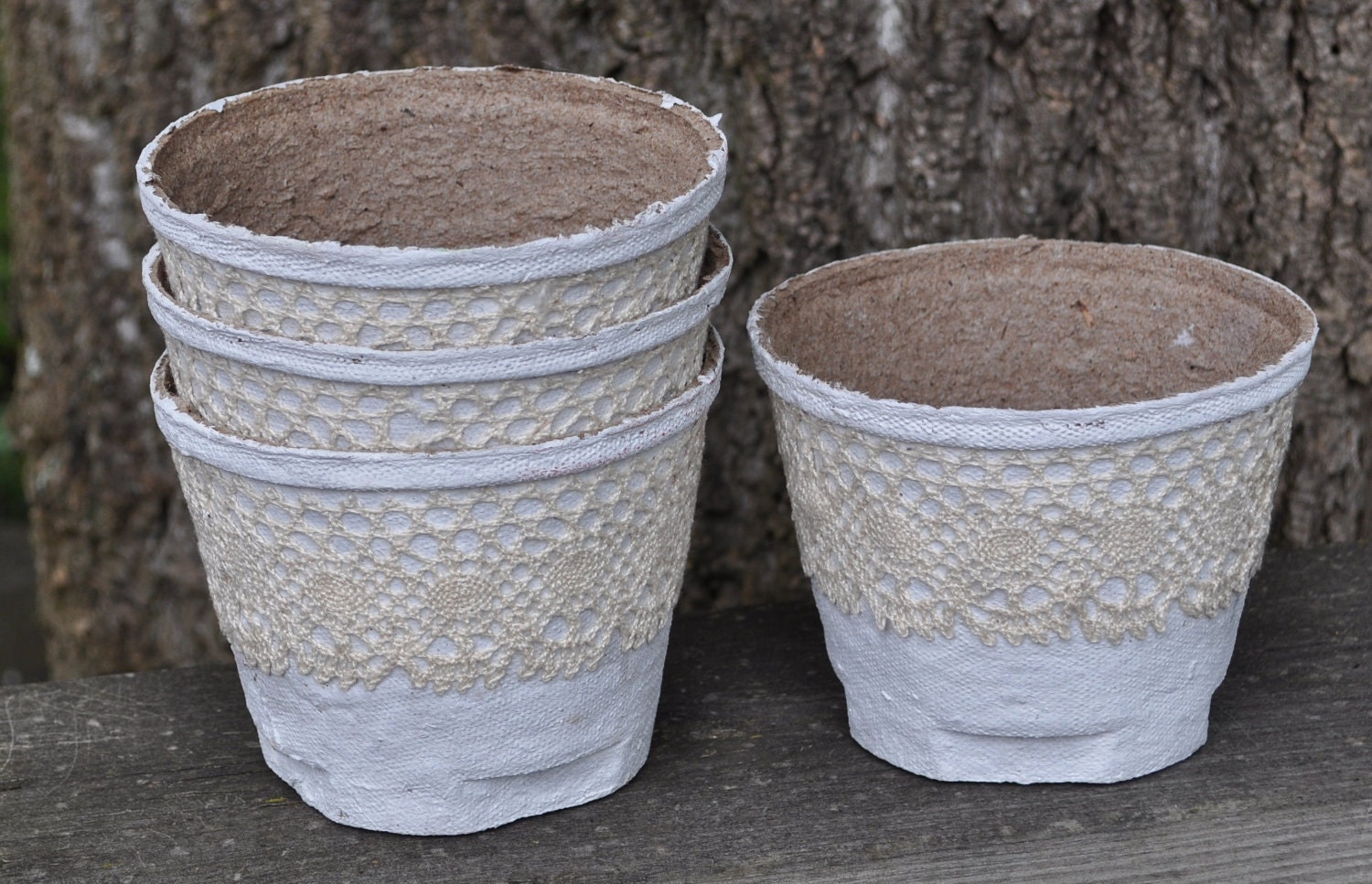 Peat Moss Pots with Vintage Lace Wedding Bridesmaid Flower