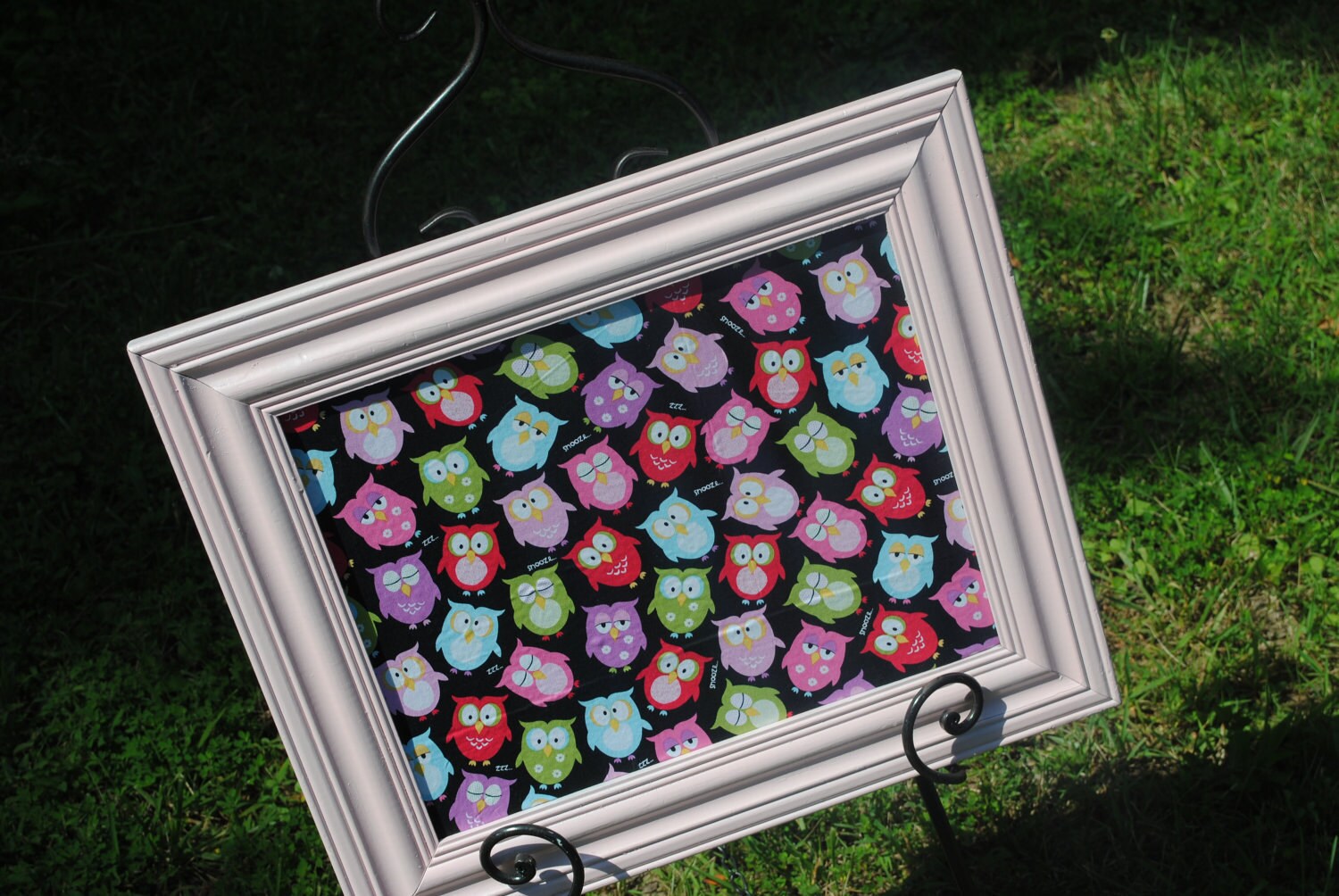 Owl Cork Board pink blue purple green and black