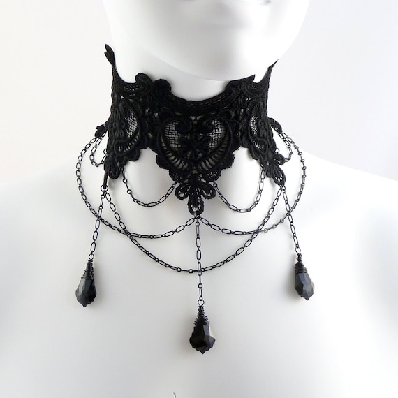 Dramatic Black Lace Gothic Choker Necklace with Rows of Chains