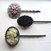 Collection of 3 Victorian Bobby Pins with Set Cameos in Red, White Black and Green - Lady, Flowers Bouquet, Rose, Filigree