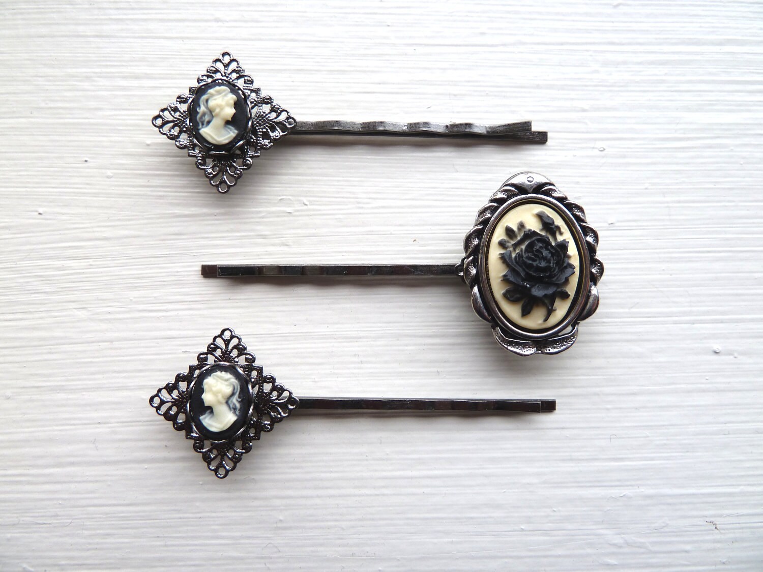 Collection of 3 Victorian Bobby Pins with Set Cameos in Ivory