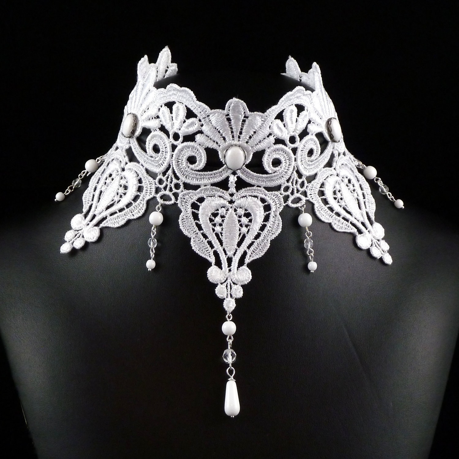 White Victorian Choker Necklace Lace Bridal Jewelry Large