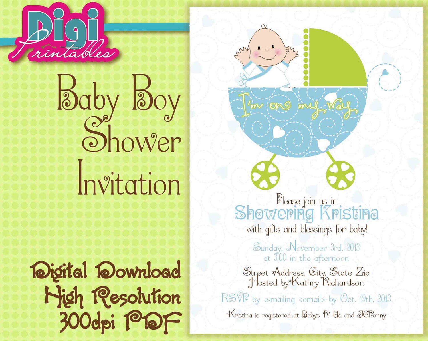 Baby Boy Shower Invitation with Carriage Digital Download