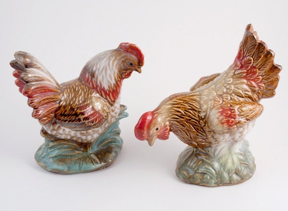 Ceramic Chickens Hen and Rooster Retro Vintage Figurines