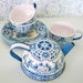 Vintage Wolverine Blue & White tin litho toy dishes set includes 2 cups tea pot creamer and 4 plates